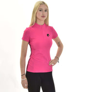 Hobby Horse T-Shirt LarDen Pink worn by a blonde girl, a fitted sports top with short zip and black horse head logo