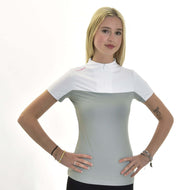 Hobby Horse T-Shirt LarDen Premium worn by a blonde girl, white yoke and light grey body with a short zip at the collar