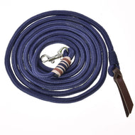 LarDen Hobby Horse Lunging Rope, a navy paracord lead coiled flat with a silver snap hook and brown leather popper