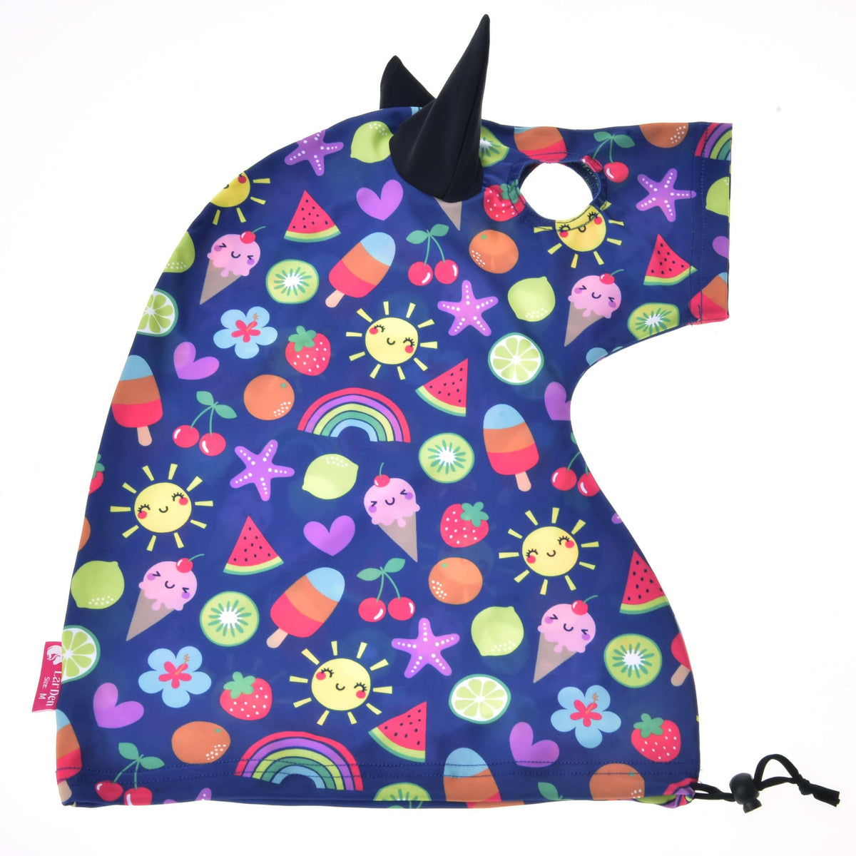 Hobby Horse skyddsdräkt Happiness liggande platt: färgglatt sommartryck med ett svart öra, ögonöppning och nederkant med dragsko