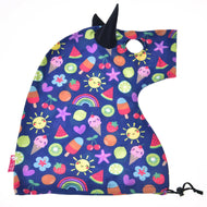 Hobby Horse protective suit Happiness laid flat: bright summer print with a black ear, eye opening and drawstring hem