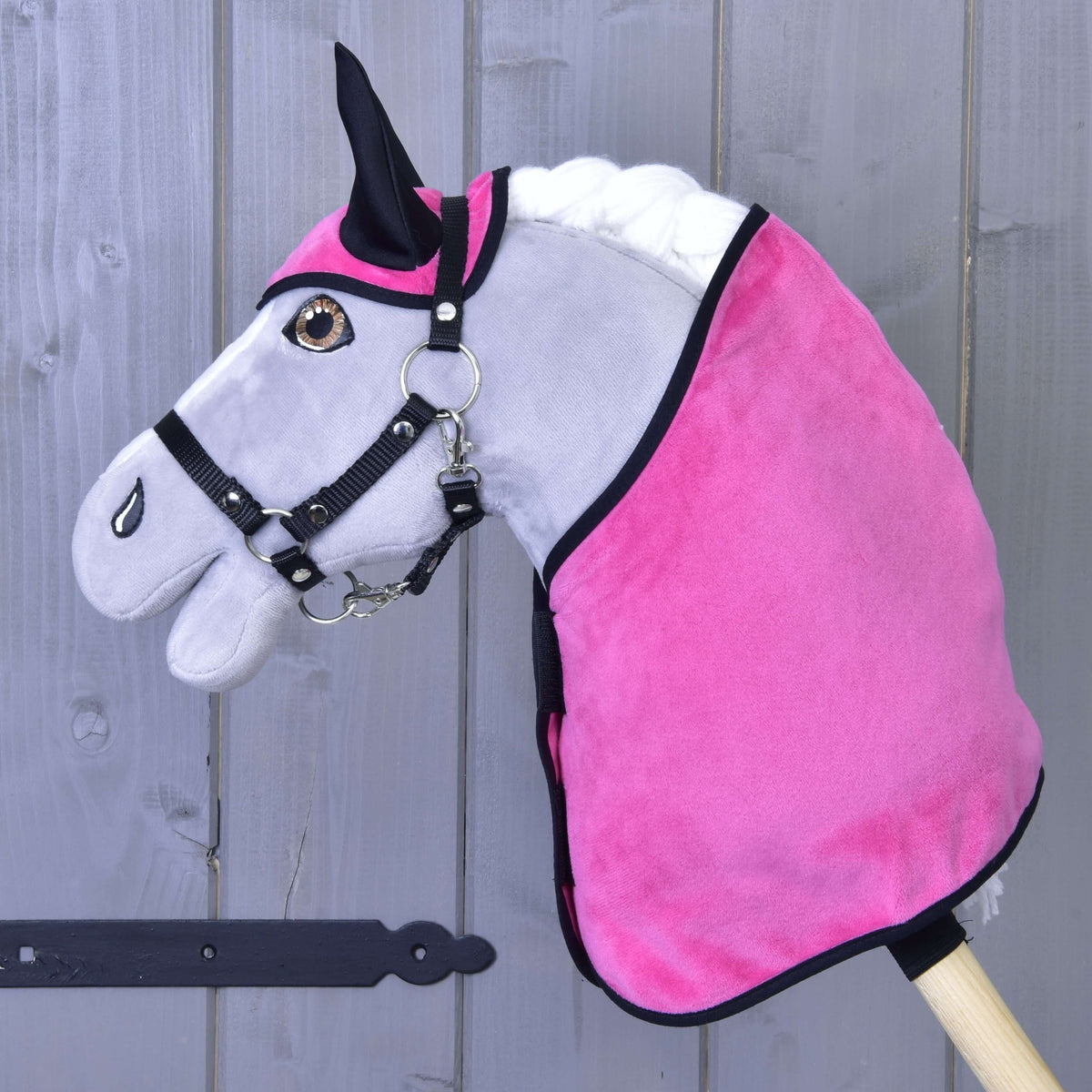 Grey Hobby Horse with brown eyes in a black halter wearing the hot pink velvety blanket and ear bonnet