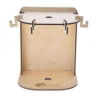 Front view of the Small Hobby Horse Stable with hooks on both sides of the shelf and the LarDen logo engraved in the base