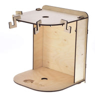 Small Hobby Horse Stable by LarDen in light plywood, with four hooks on the top shelf and an engraved logo on the base