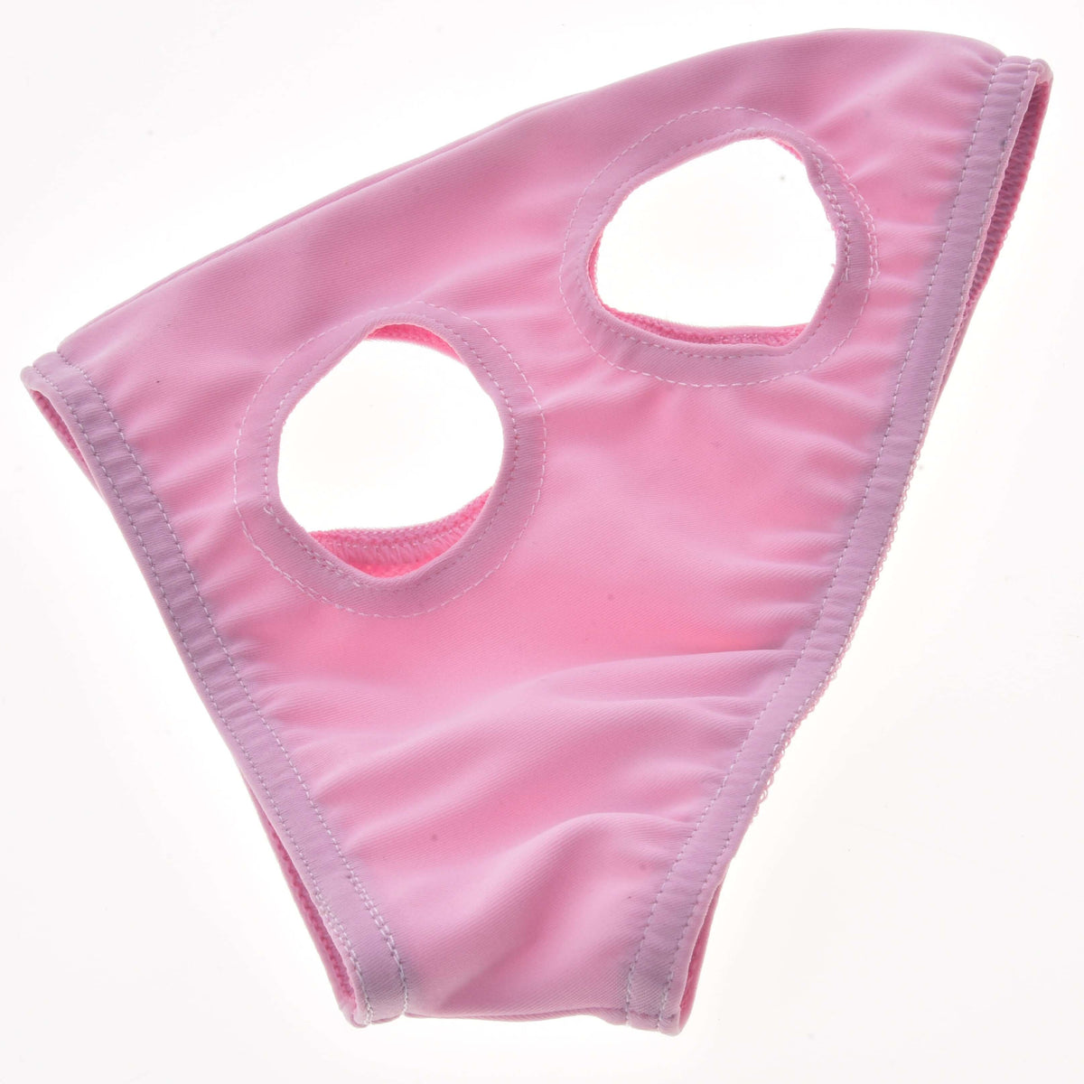 Horse Mask without ears Pink for Hobby Horses laid flat, light pink stretch fabric with two stitched round openings