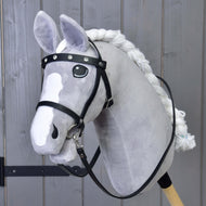 Complete black bridle with diamonds by LarDen on a grey plush Hobby Horse, with a rhinestone browband and black reins