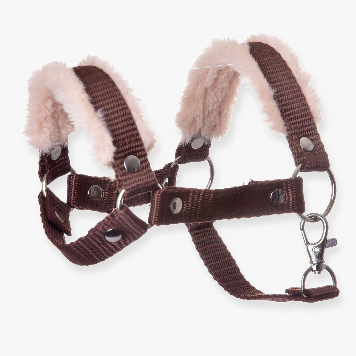 Grimma brun med päls för Hobby Horse från LarDen i brunt vävt band av nylon med mjuk beige päls, silverringar och karbinhake