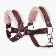 Hobby Horse Halter brown with fur by LarDen in brown nylon webbing with soft beige fur, silver rings and a snap hook