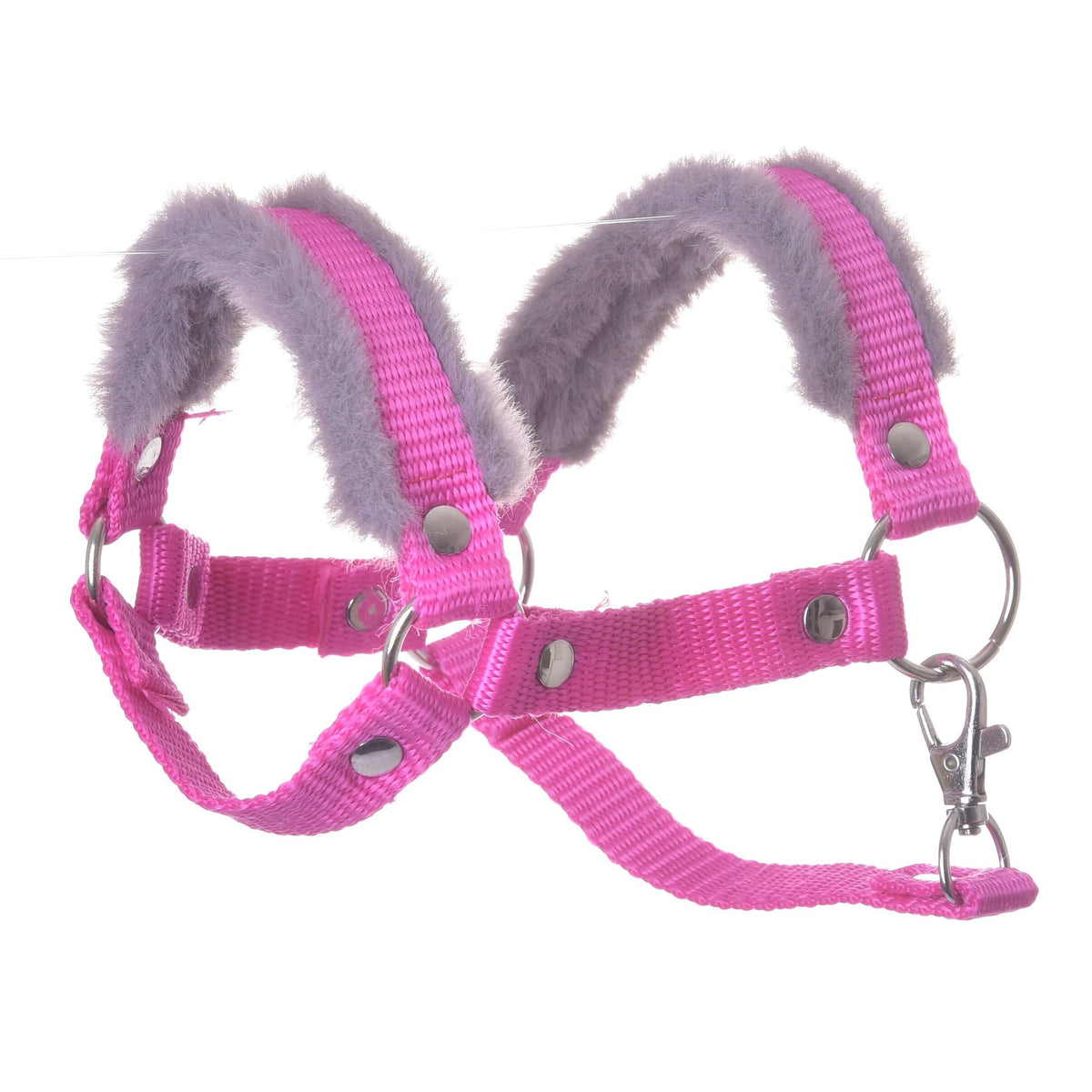 Grimma rosa med päls för Hobby Horse från LarDen i klarrosa vävt band av nylon med mjuk grå päls på nosrem och nackstycke