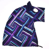 Hobby Horse protective suit blue (Lycra) laid flat, showing the eye opening, navy ear and the drawstring at the bottom