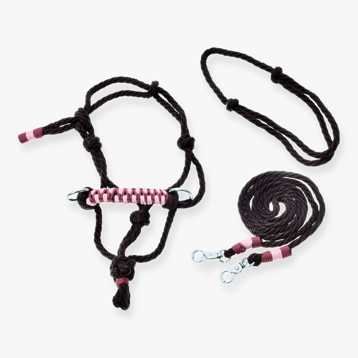 Hobby Horse Rope set York by LarDen: dark brown rope halter with pink braided noseband, neck ring and reins with burgundy wraps