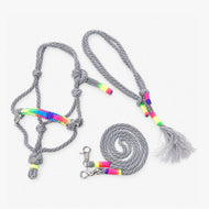 Hobby Horse Rope set Manhattan by LarDen: grey rope halter with rainbow noseband, tasselled neck ring and reins on white
