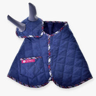 Hobby Horse Set Jeans by LarDen: quilted denim blanket with tartan trim and pocket, plus matching ear bonnet with grey ears
