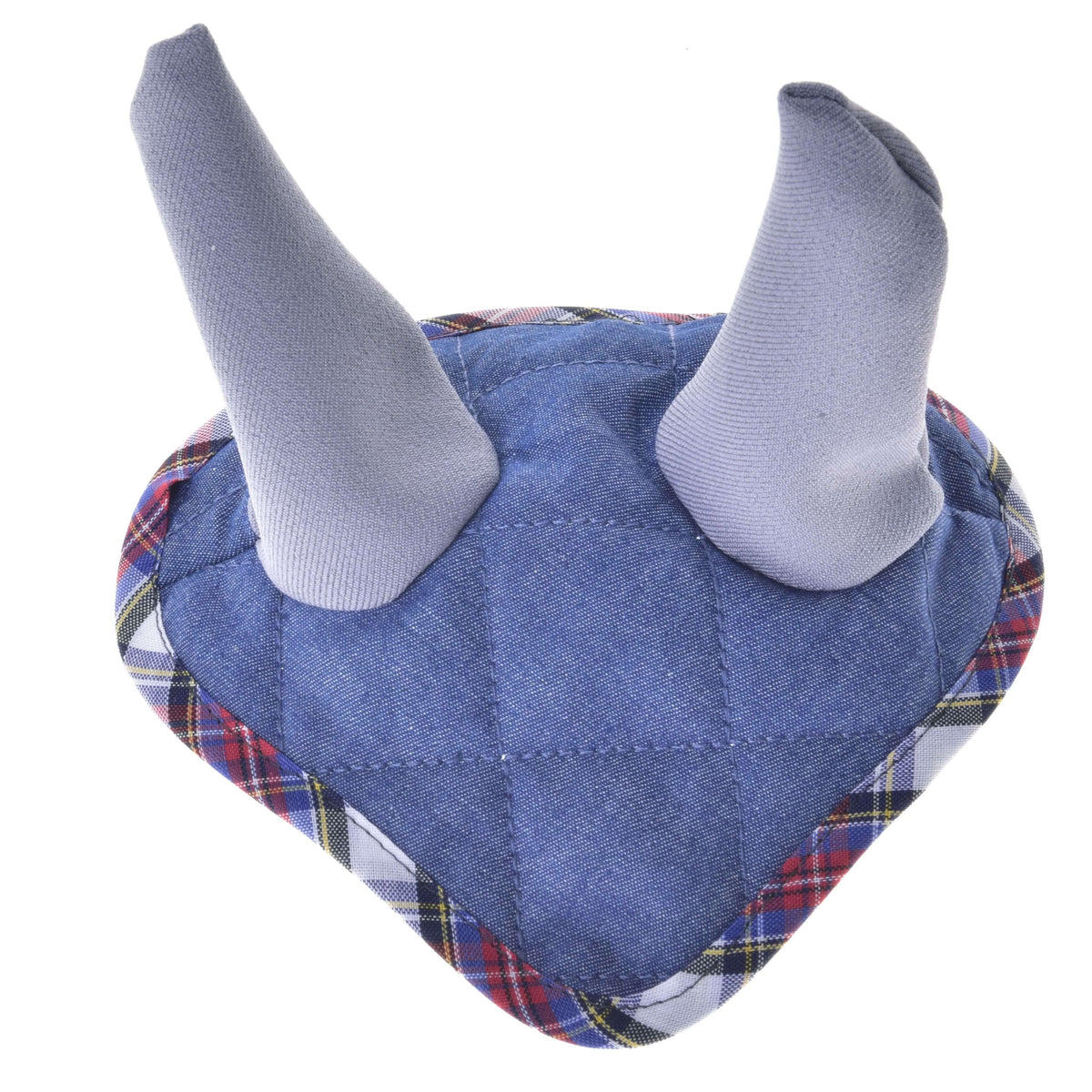 Flughuvan ur Hobby Horse Set Jeans ensam på vit bakgrund: quiltad ovansida i jeanstyg, två grå tygöron och skotskrutig kant