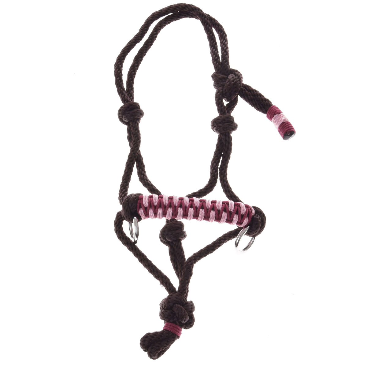 Hobby Horse rope halter York laid out on white: dark brown knotted rope, silver rings and pink and burgundy noseband