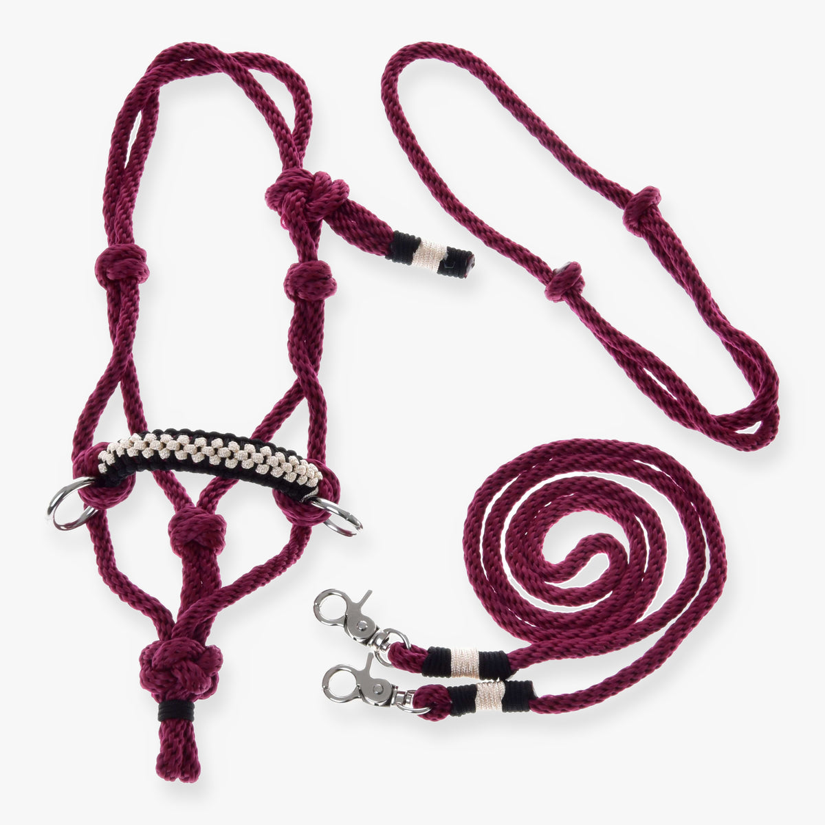 Hobby Horse Rope set Burgundy by LarDen: burgundy rope halter with a black and cream noseband, rope cordeo and reins