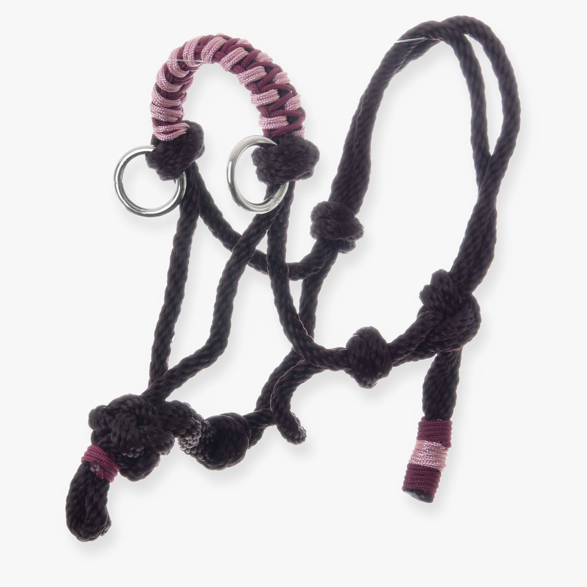 Hobby Horse Rope halter York by LarDen, dark brown knotted rope with a pink and burgundy braided noseband and silver rings