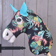 Hobby Horse Protective suit Pineapple (Lycra) by LarDen fitted over the head, pineapples and leaves on black, turquoise ears