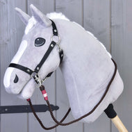 Grey plush Hobby Horse with a black halter and dark brown York rope reins with pink and burgundy wraps