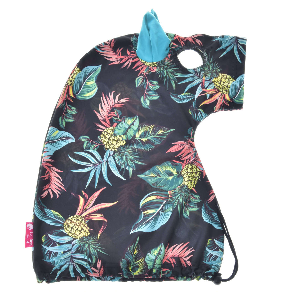 Hobby Horse protective suit Pineapple laid flat: black Lycra with pineapple print, turquoise ear and drawstring hem