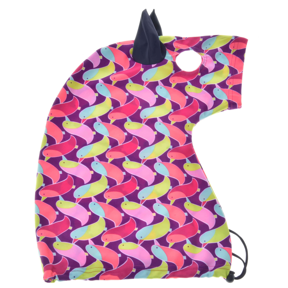 Hobby Horse skyddsdräkt Bird liggande: lila Lycra med färgglatt fågeltryck, marinblått öra och kant med dragsko