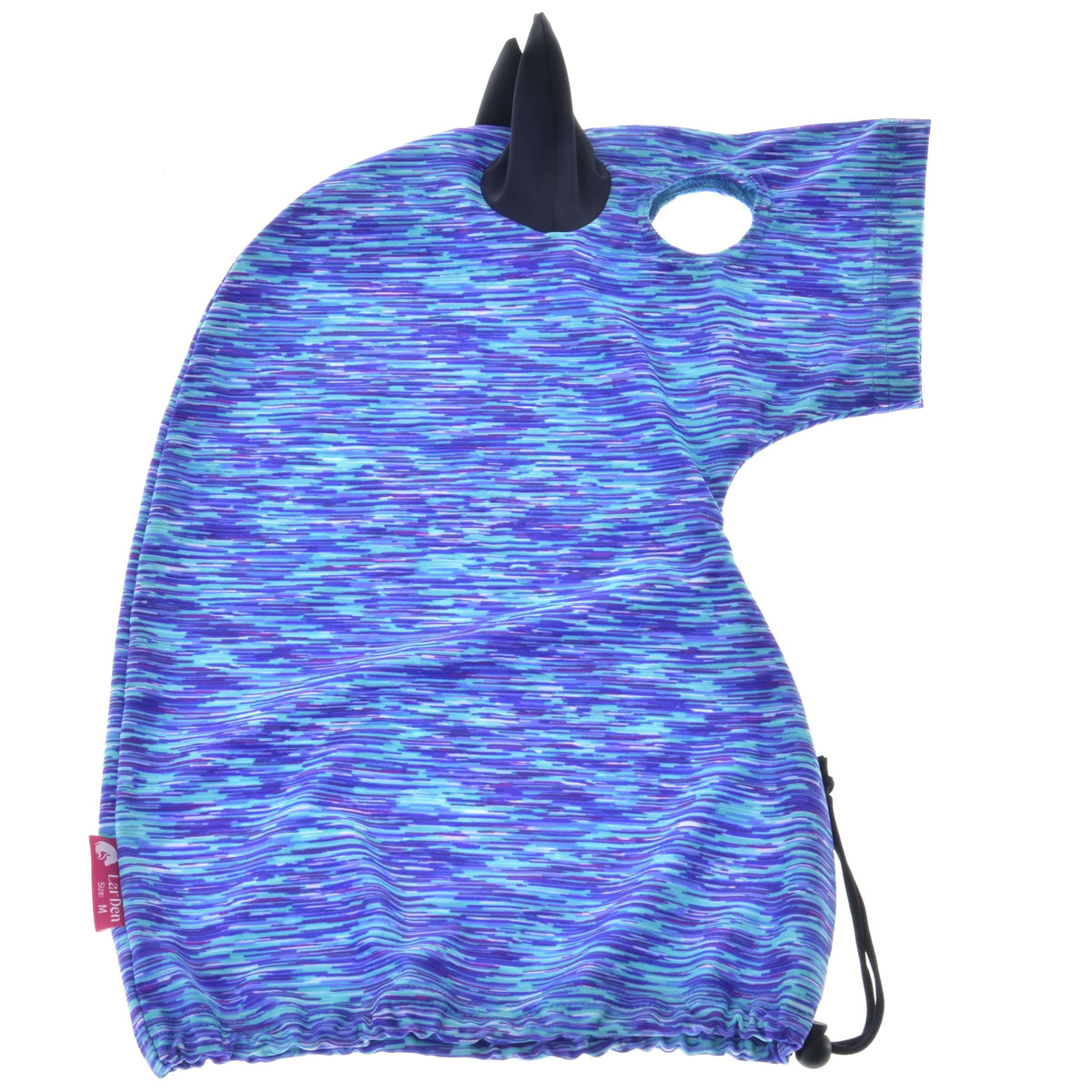 Hobby Horse skyddsdräkt Sea liggande: strimmig blå och lila Lycra med ett marinblått öra, ögonhål och kant med dragsko