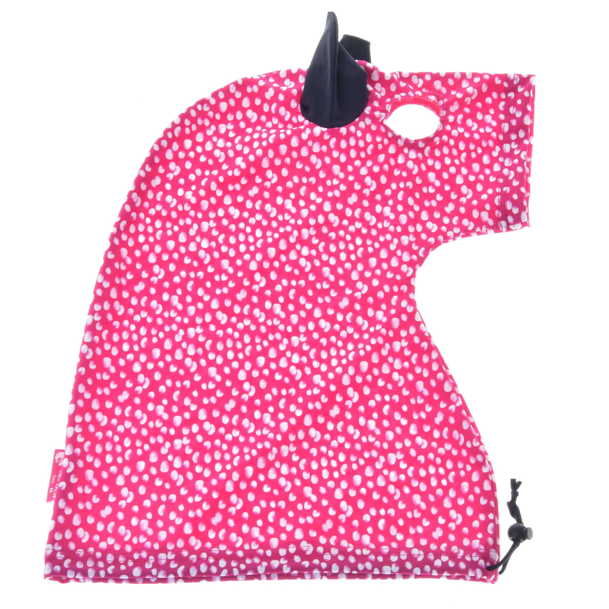 Hobby Horse skyddsdräkt Minie liggande: rosa Lycra med vita prickar, marinblått öra, ögonhål och kant med dragsko