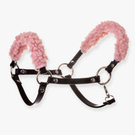 Hobby Horse Black halter with old rose fur by LarDen in leatherette, curly dusty pink fur on noseband and crownpiece