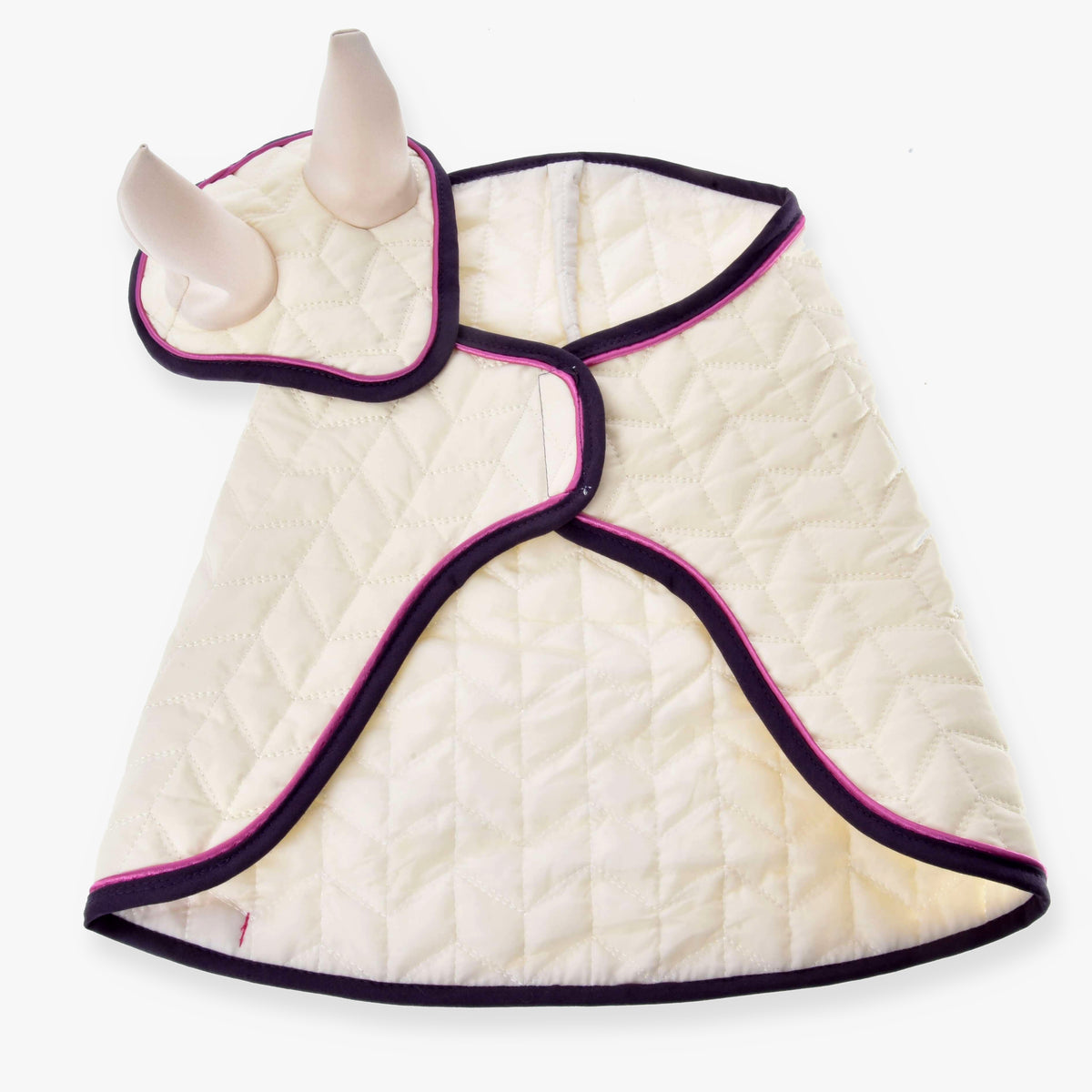 Hobby Horse Set Supreme Crema by LarDen: cream quilted blanket and ear bonnet with dark purple binding and pink piping
