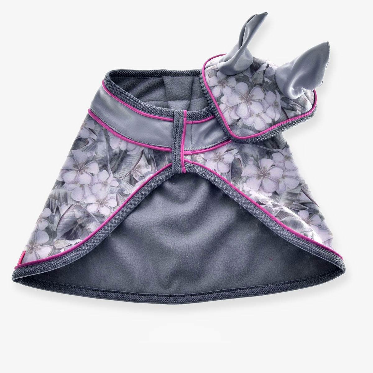 Hobby Horse Set Grey Flower by LarDen: blanket and ear bonnet with lilac floral print, silver satin collar and pink piping