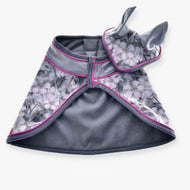 Hobby Horse Set Grey Flower by LarDen: blanket and ear bonnet with lilac floral print, silver satin collar and pink piping