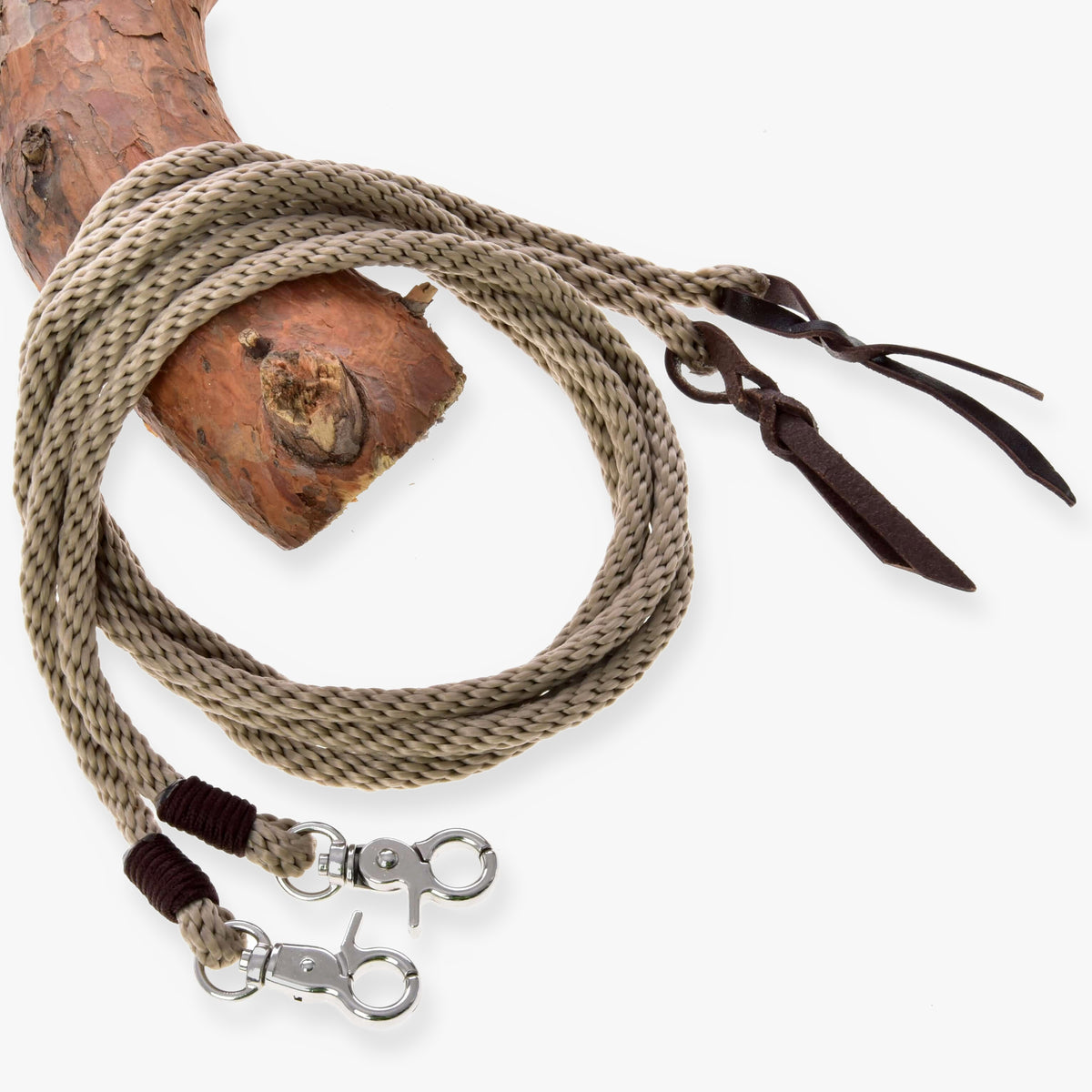 Hobby Horse Split Western Reins Dallas by LarDen, beige braided rope with brown leather ends and silver snap hooks
