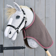 Grey Hobby Horse with a cream mane and black halter wearing the Rosewood blanket, dark brown with bright pink piping