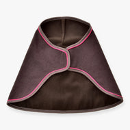 Hobby Horse Blanket Rosewood by LarDen in dark brown with bright pink piping and a soft brown lining, seen from the front