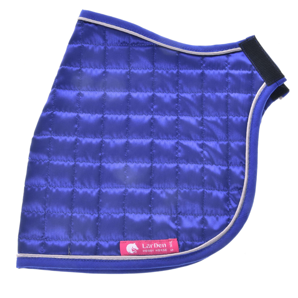 Blue side of the Hobby Horse Blanket DeLuxe Blue laid flat, glossy square quilting with grey piping and a black neck strap