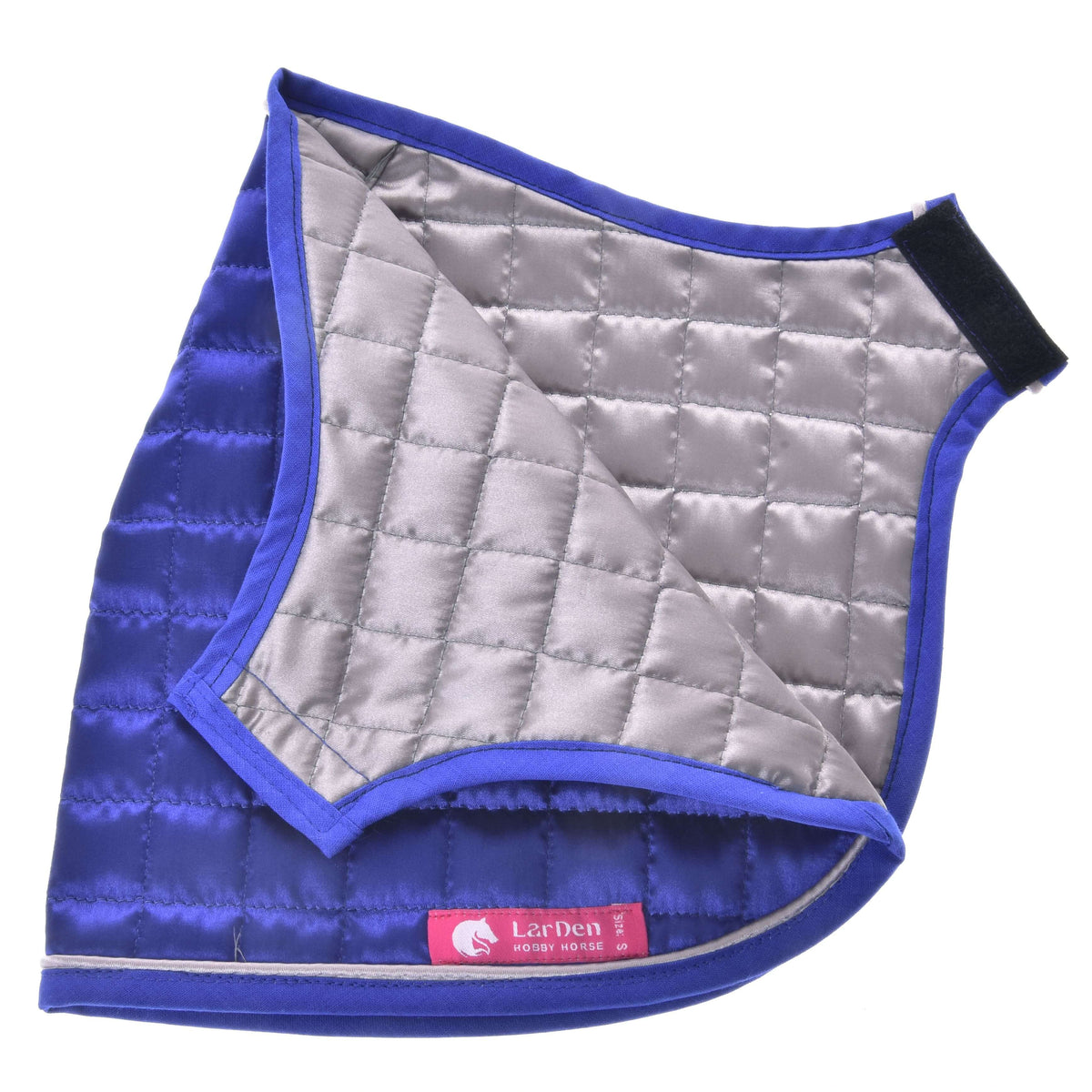 Hobby Horse Blanket DeLuxe Blue folded to show both sides, blue and silver-grey quilting, black strap and LarDen label