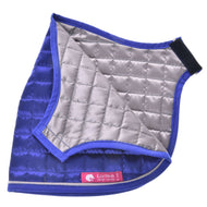 Hobby Horse Blanket DeLuxe Blue folded to show both sides, blue and silver-grey quilting, black strap and LarDen label