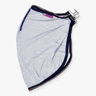 Hobby Horse Fly sheet LarDen laid flat, sheer navy mesh with black binding, rainbow piping and a silver chest clip