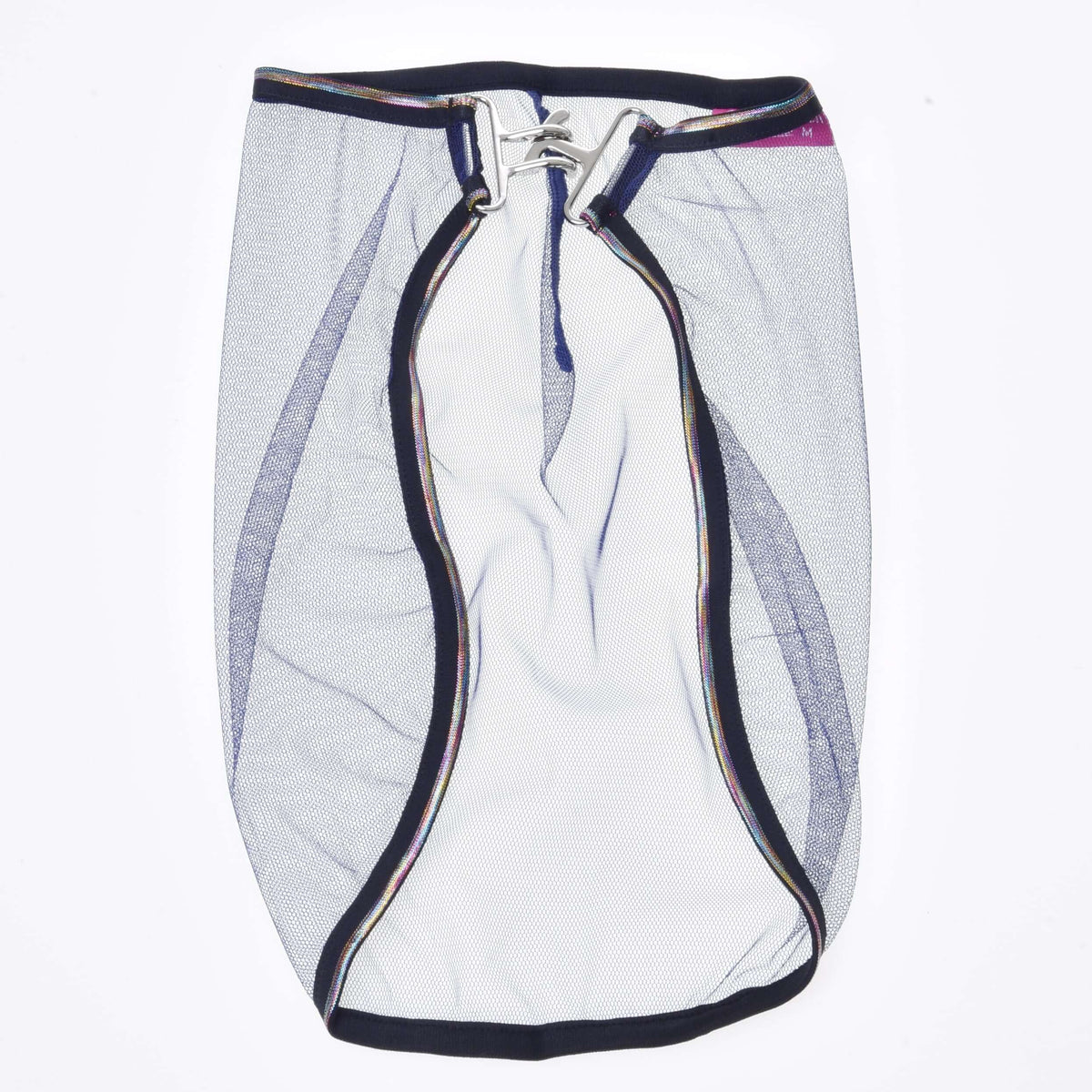 Mesh fly sheet laid open from the front, sheer navy net with the silver clip at the top and black rainbow-edged binding