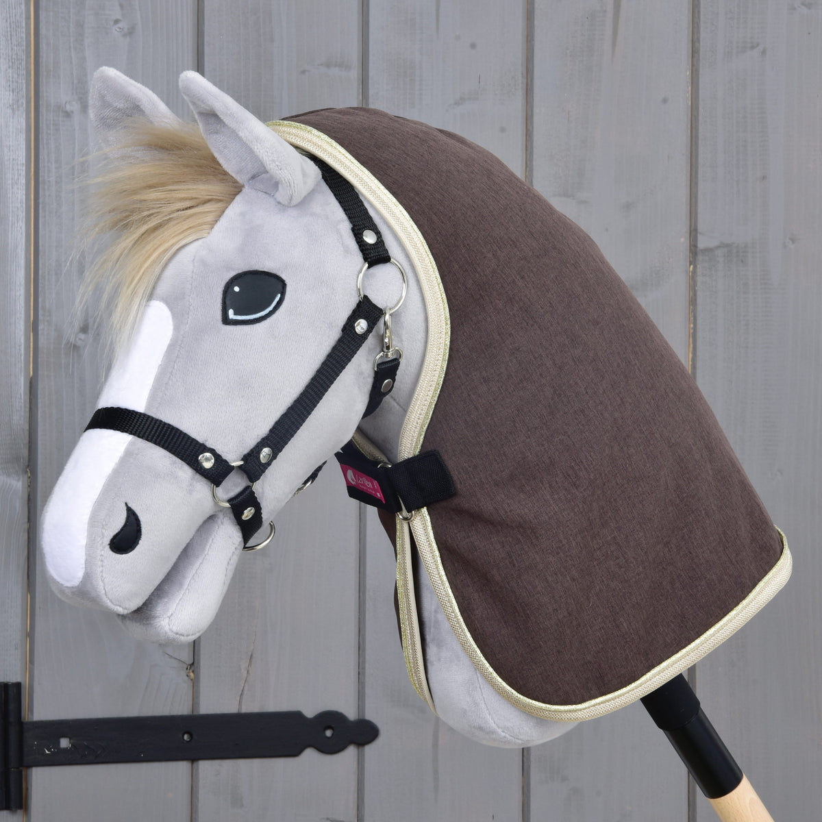 Grey Hobby Horse with a blond mane and black halter wearing the dark brown Stable Blanket Brown Majesty with beige trim