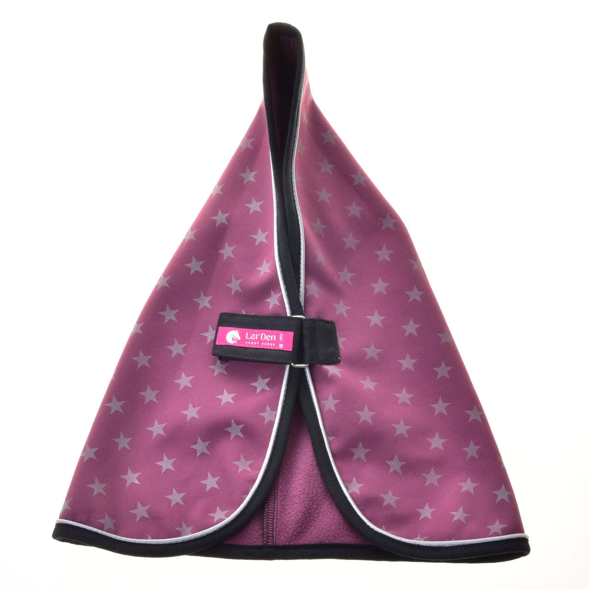 Front view of the purple star-print stable blanket with the chest strap closed, LarDen label and fleece lining