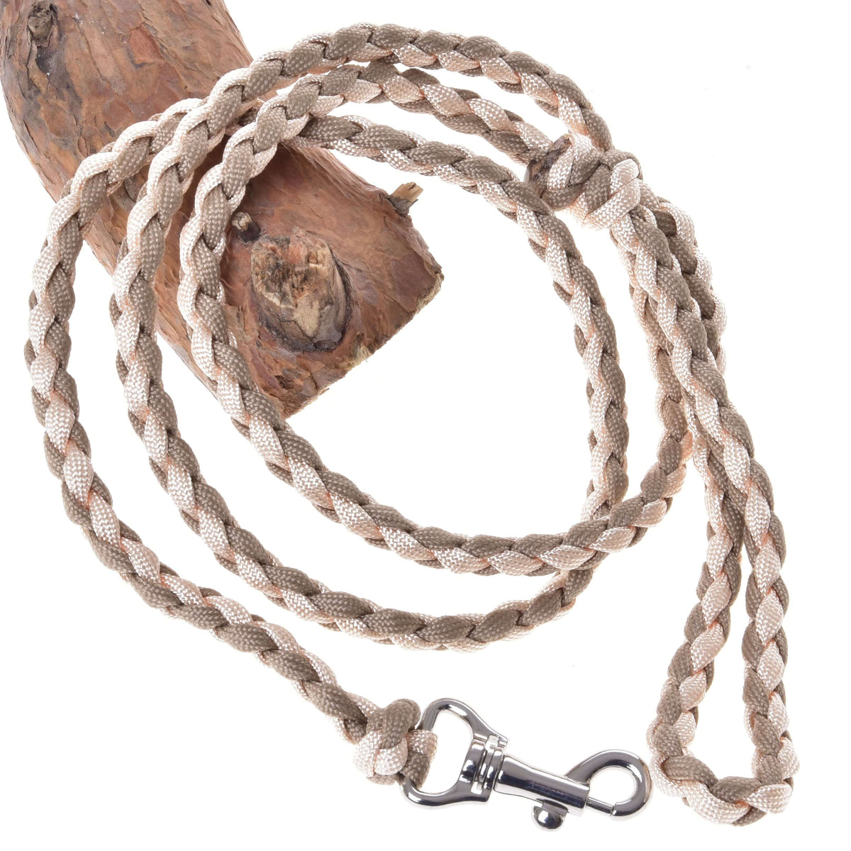 LarDen Hobby Horse Knitted Lead Rope Double Latte, a beige braided paracord lead with silver snap hook on a wooden branch