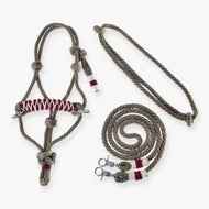 Hobby Horse Rope set Eleganza by LarDen: taupe rope halter with a burgundy and cream noseband, cordeo and reins