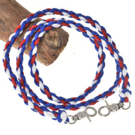 Hobby Horse Reins Flag CZ by LarDen, braided blue, red and white cord reins with knotted ends and two snap hooks