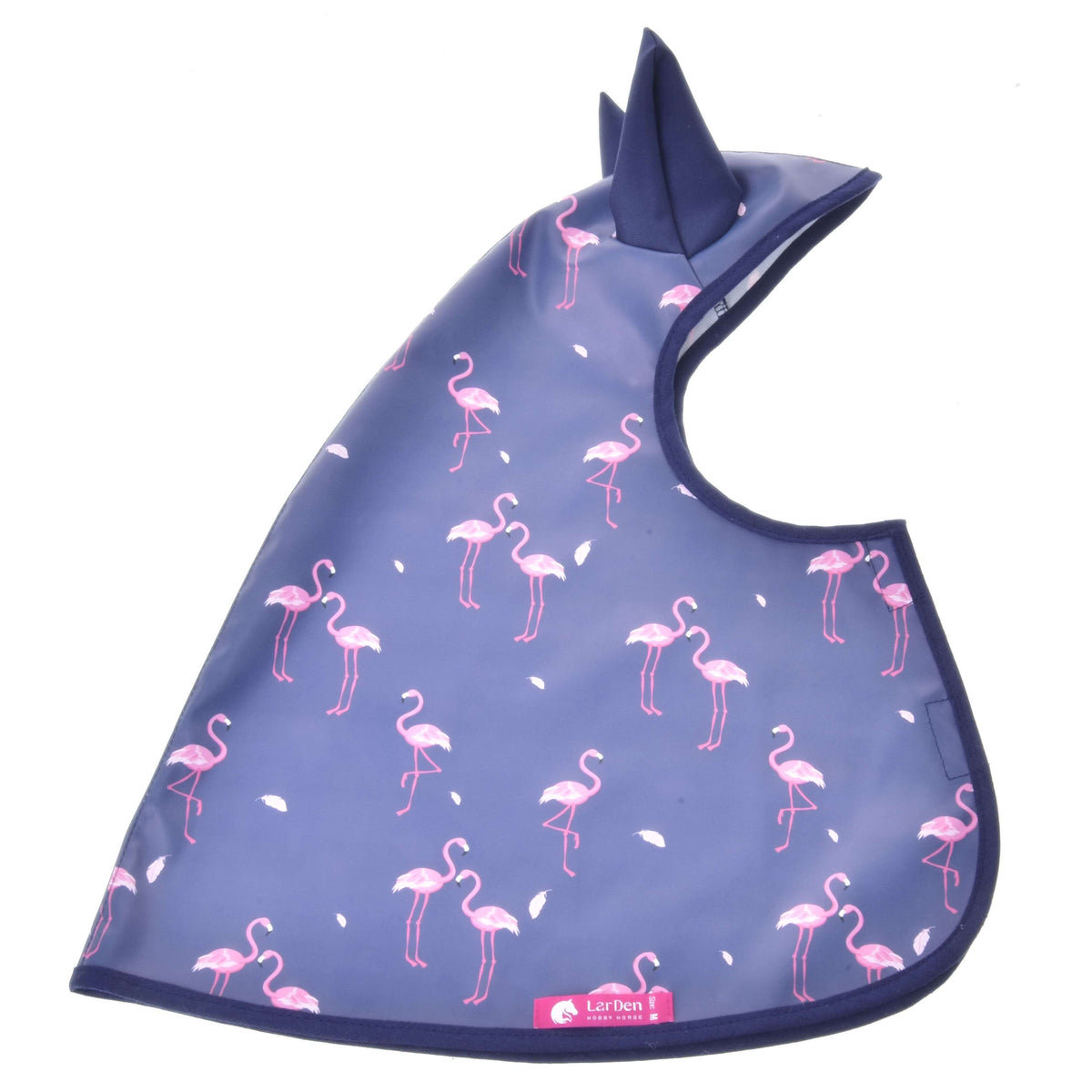 Hobby Horse Raincoat Flamingo laid flat with pink flamingos, white feathers, navy ears and pink LarDen label