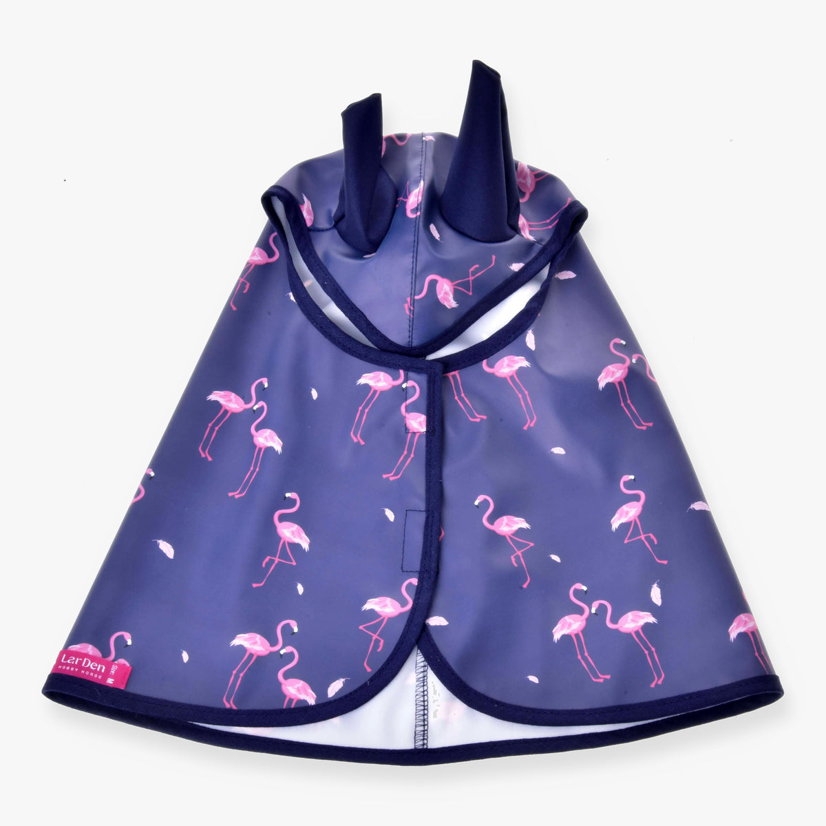 Hobby Horse Raincoat Flamingo by LarDen opened out from above, blue-violet with pink flamingos, navy ears and navy binding