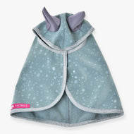 Hobby Horse Raincoat Greeny by LarDen opened out from above, sage green with pale drops, grey ears and silver glitter binding