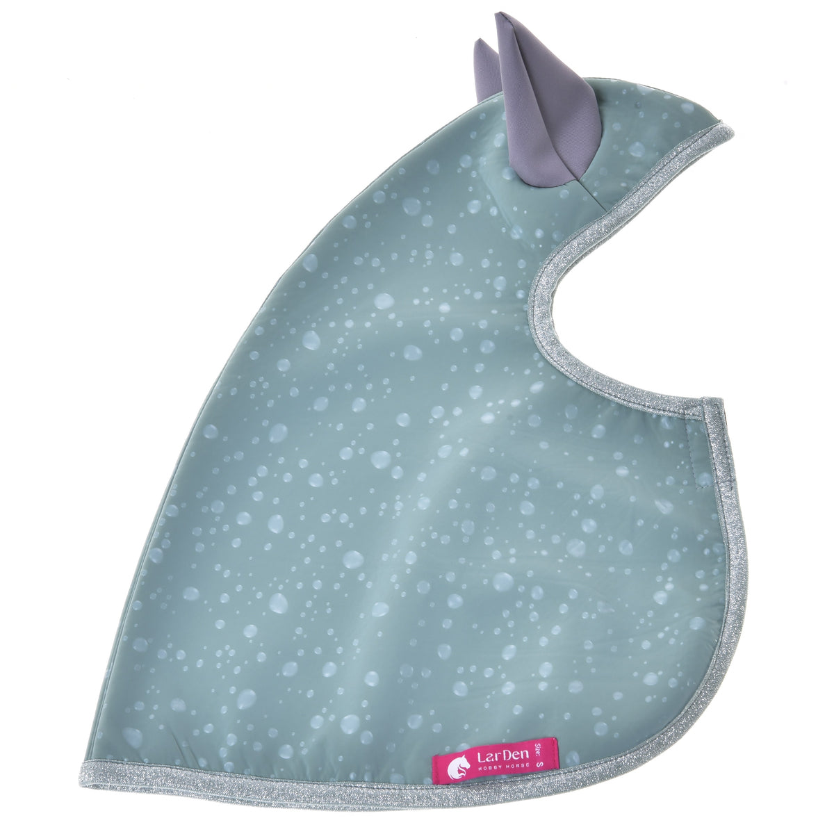 Hobby Horse regntäcke Greeny utbrett med droppmönster, grå öron, silverglittrande kant och rosa etikett från LarDen