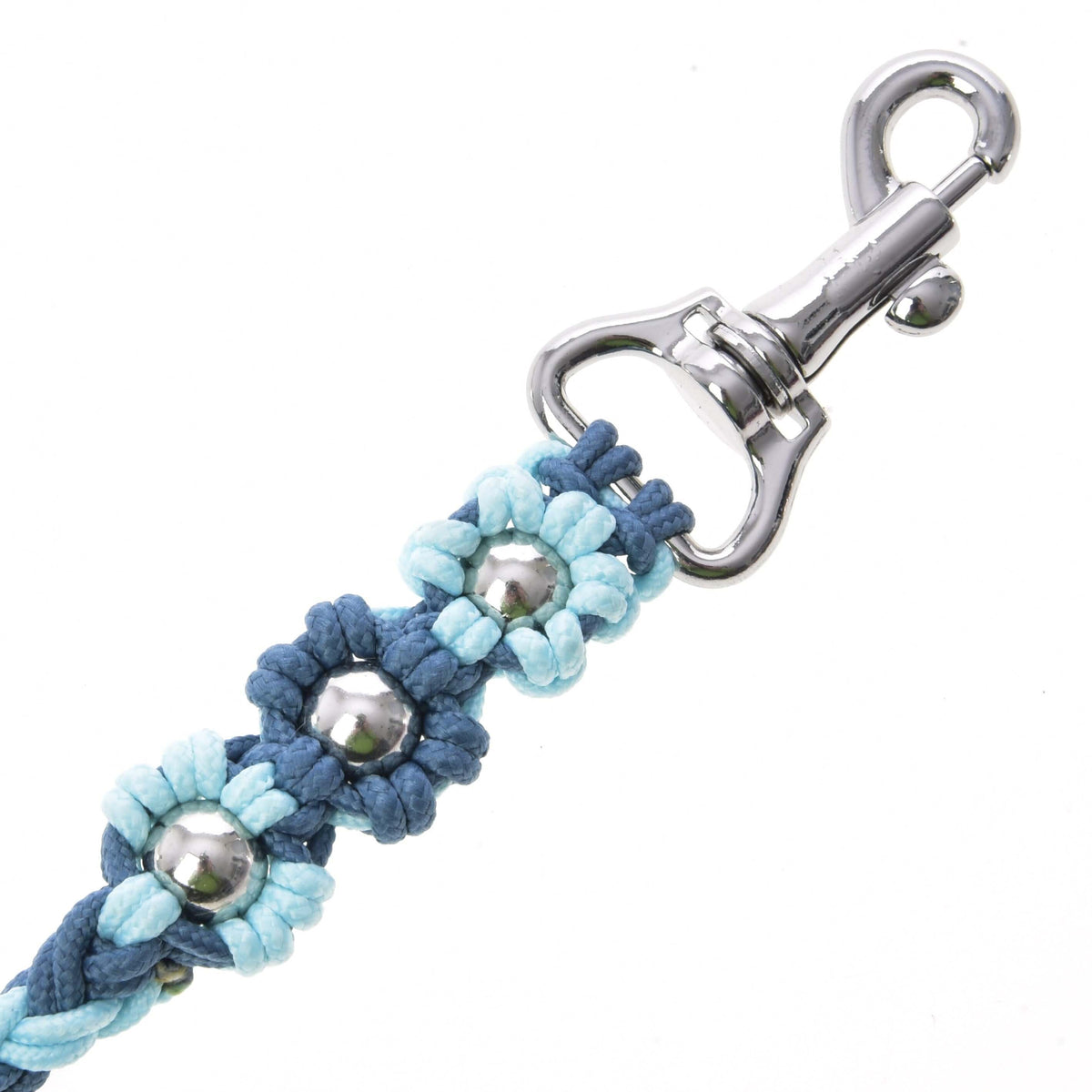 Knotted light and dark blue flowers with silver beads beside the swivel snap hook of the Hobby Horse Lead Rope Bloom Blue