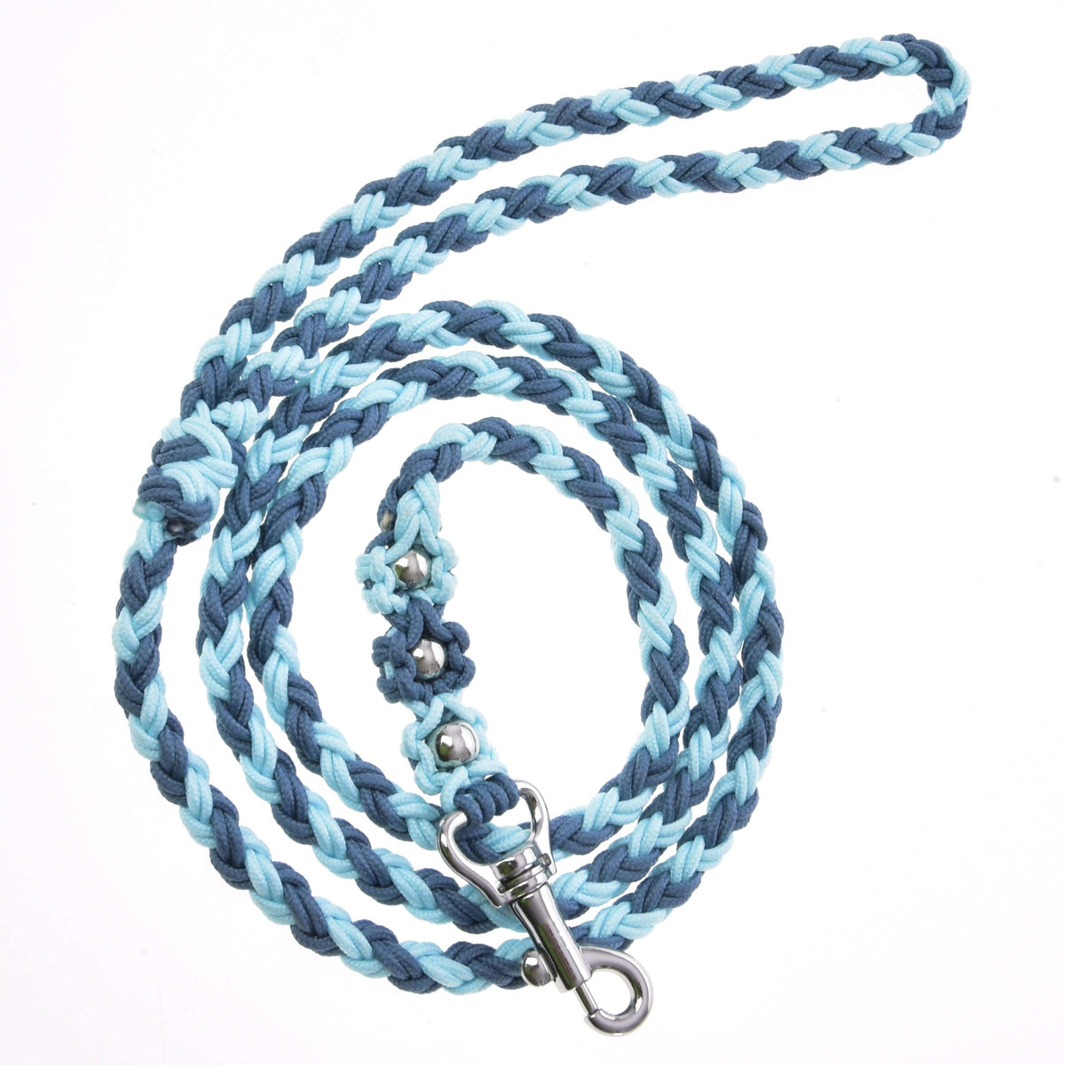 LarDen Hobby Horse Lead Rope Bloom Blue, a braided light and dark blue paracord lead with silver beads and a snap hook
